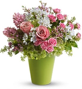 Enchanted Blooms - If fairy tales were made of flowers, undoubtedly this is what they'd look like. Charming, fresh and fabulous, these enchanted blooms are sure to cast a magical spell.  Dazzling green hydrangea, pink roses, spray roses, hyacinth and waxflower, white narcissus and spring greens are delivered in a bright green cylinder container.  Approximately 15" W x 15 1/2" H  Orientation: All-Around  As Shown : T146-1A Deluxe : T146-1B Premium : T146-1C