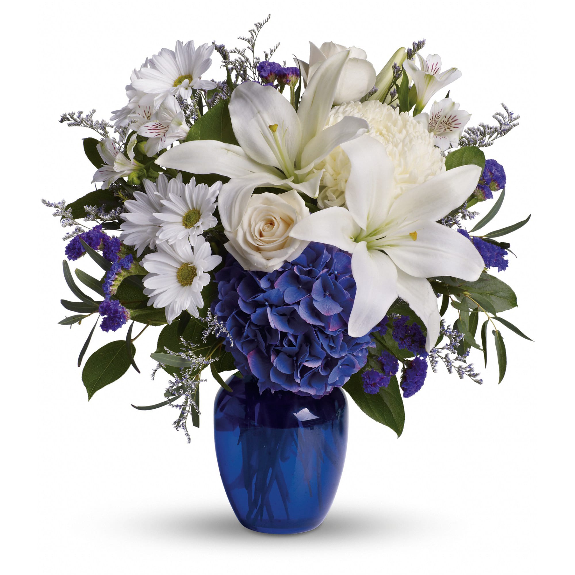 Beautiful in Blue  - In this arrangement, the serenity of the color blue along with the purity of intention symbolized by white will let the family know you are sending your calm strength to them during these difficult times. 