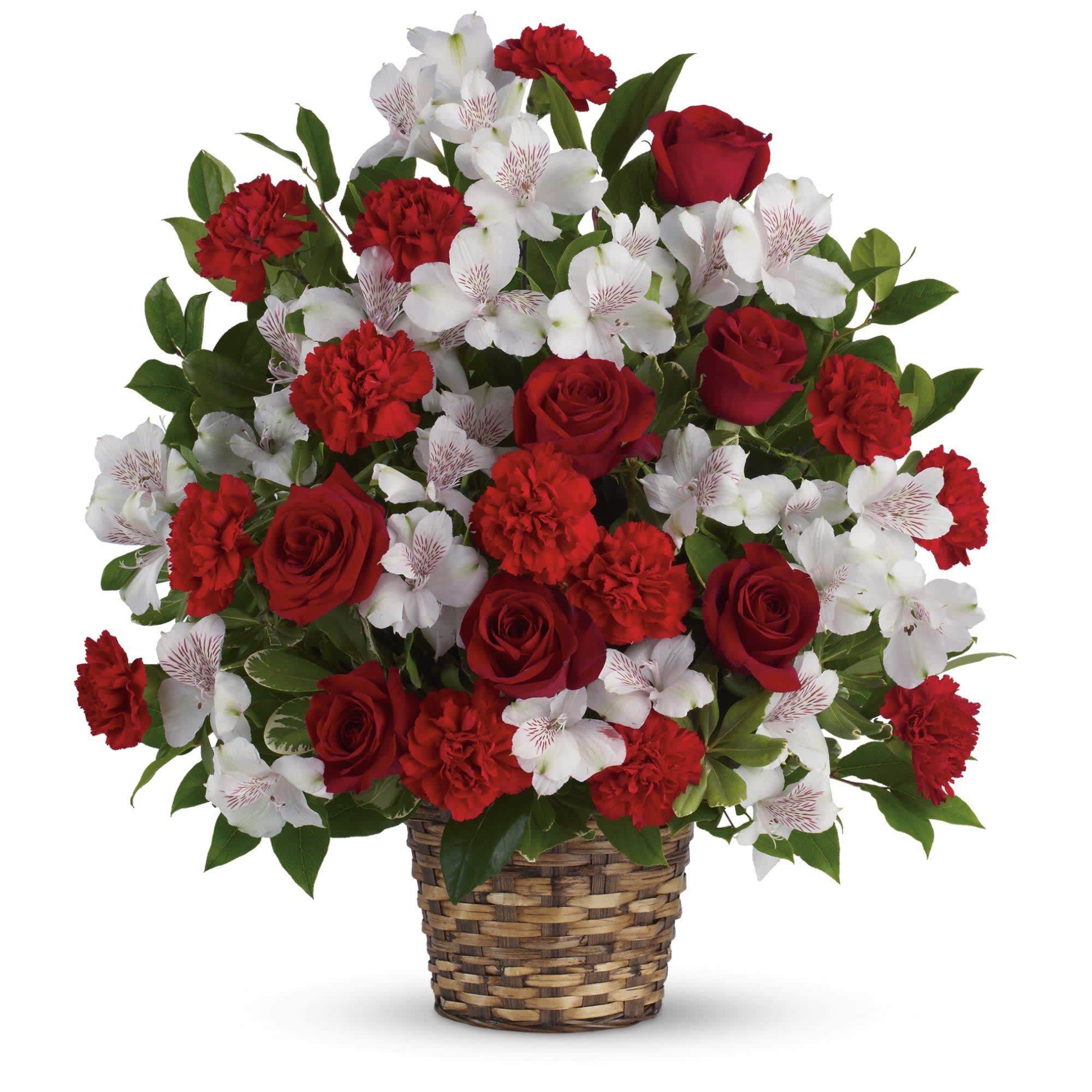 Basket arrangement of red roses, red carnations, and white alstroemeria flowers