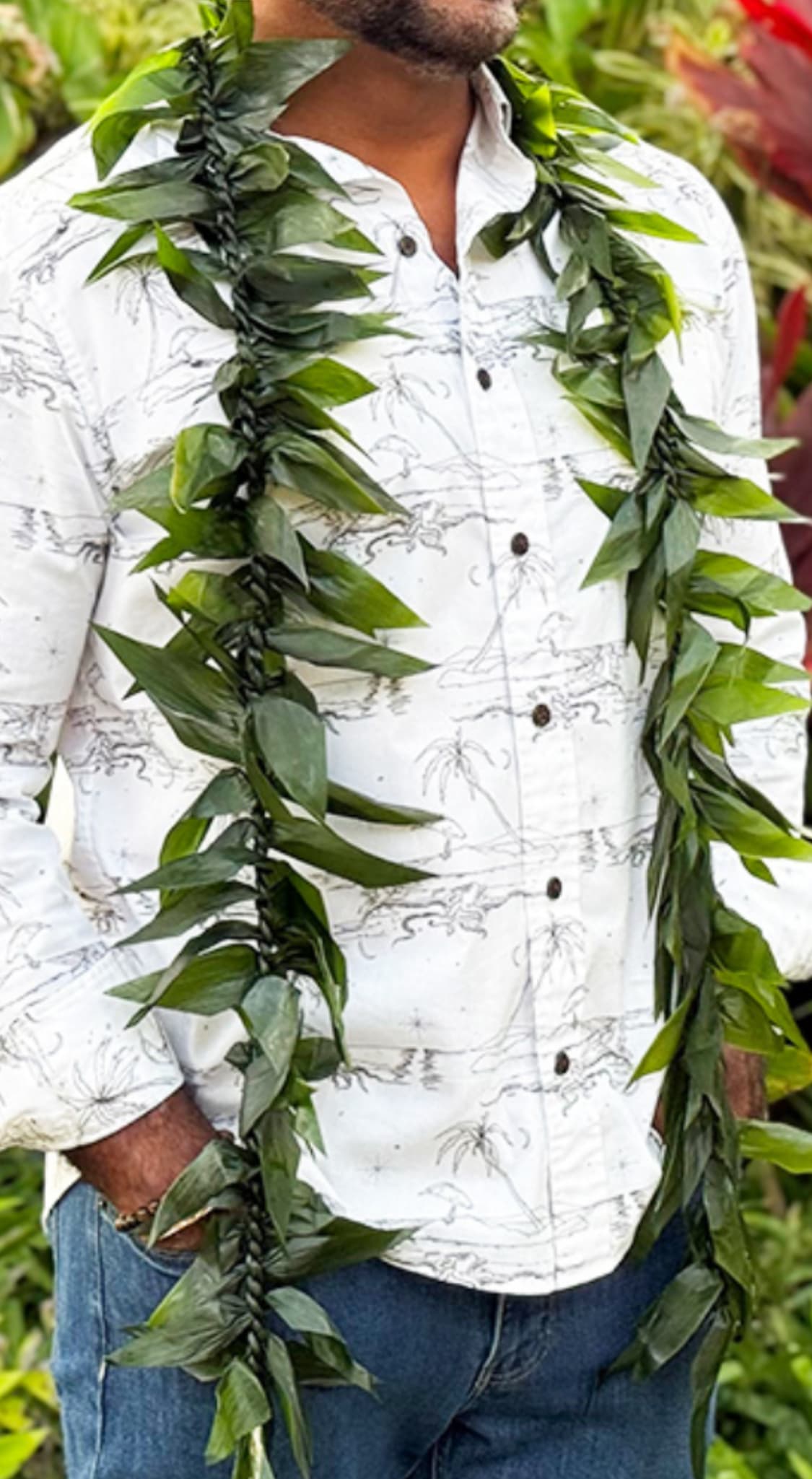 Lei - Mele - A lush, layered leaf lei that feels both ceremonial and celebratory-perfect as a welcome garland or for graduation and honoring moments. This mele lei, a green and white-accented foliage accessory, reads like a tropical embrace that will make the person you're thinking of feel warmly received and truly seen.  Crafted from tightly layered pointed leaves for a dense, textural look, the lei sits comfortably around the neck as a long garland with a fresh, natural scent and resilient structure. Its predominantly green palette with touches of white and blue tones gives a crisp, island-inspired aesthetic that pairs beautifully with casual aloha wear or more formal presentation attire.  Choose this lei to mark graduations, welcoming ceremonies, cultural celebrations, or any occasion where you want to honor someone with tradition and beauty. Worn immediately on arrival, it needs no extra care-keep it cool and mist lightly if you need to store it briefly before presenting to preserve freshness.