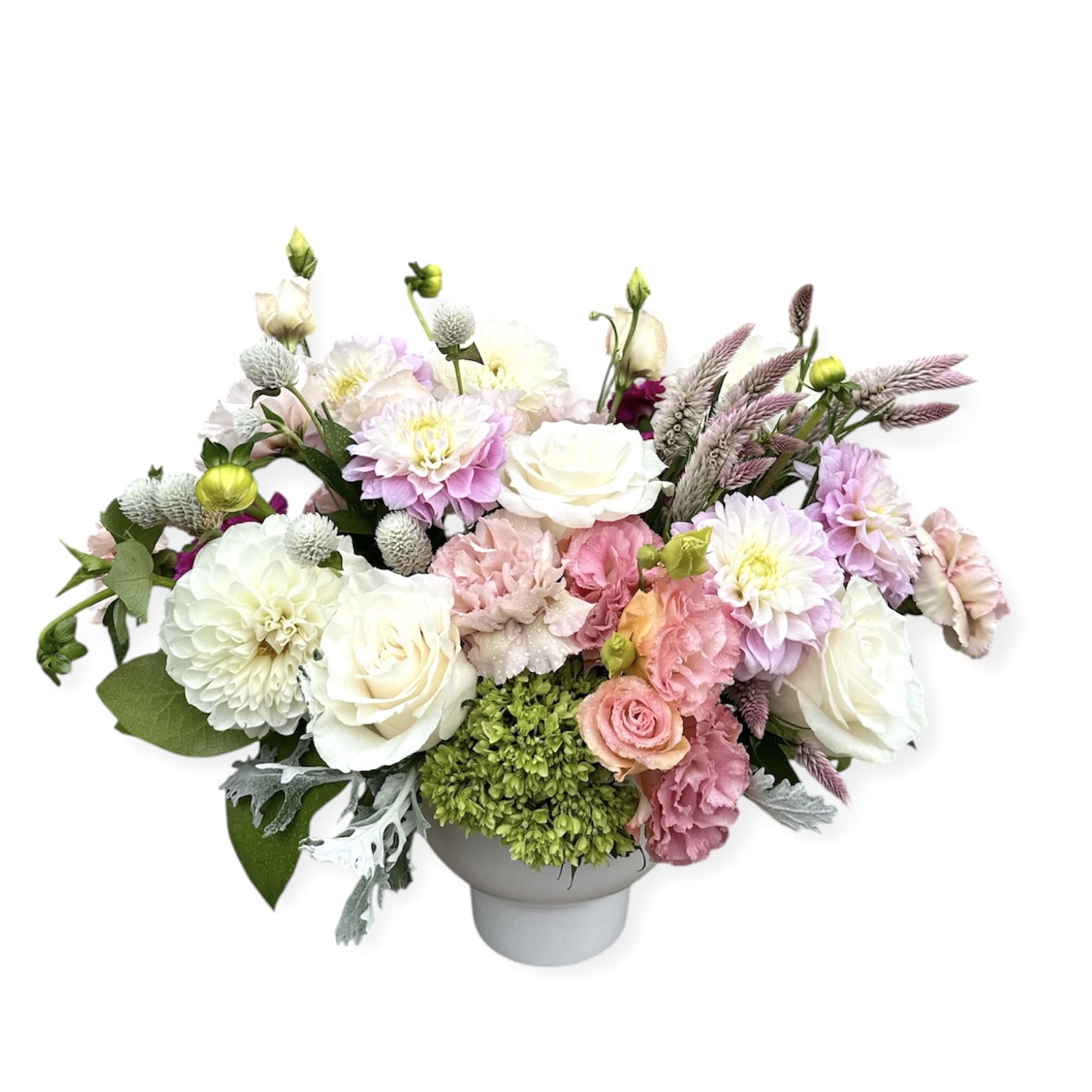 Pastel flower arrangement in a gray vase with roses and dahlias