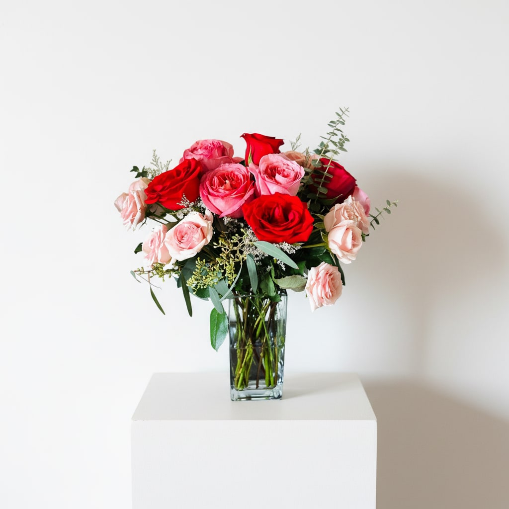 Love Struck Arrangement ( Red and Light Pink Spray Roses  - A lush cluster of large red and light-pink roses with delicate blush spray roses creates an immediately romantic, heart-stealing impression - perfect as a Valentine's Day bouquet or a love-and-romance gift for anniversaries and special gestures. The mix of deep red and soft pink petals reads both passionate and tender, so the person you're thinking of will feel genuinely seen and celebrated the moment this arrangement arrives.  Garden roses and classic roses mingle with smaller spray roses and soft white filler blooms for contrast and texture, gathered in a clear rectangular glass vase that shows off the long, elegant stems for a modern, airy presentation. The color palette of red, pink and touches of white keeps the look cheerful and timeless while the varied bloom sizes add depth and touchable volume.  Designed to make romantic occasions - or any moment you want to mark with affection - feel extraordinary, this arrangement arrives ready to display. Vase is included; simple fresh water changes and a trim of stems every few days will keep blooms at their best.
