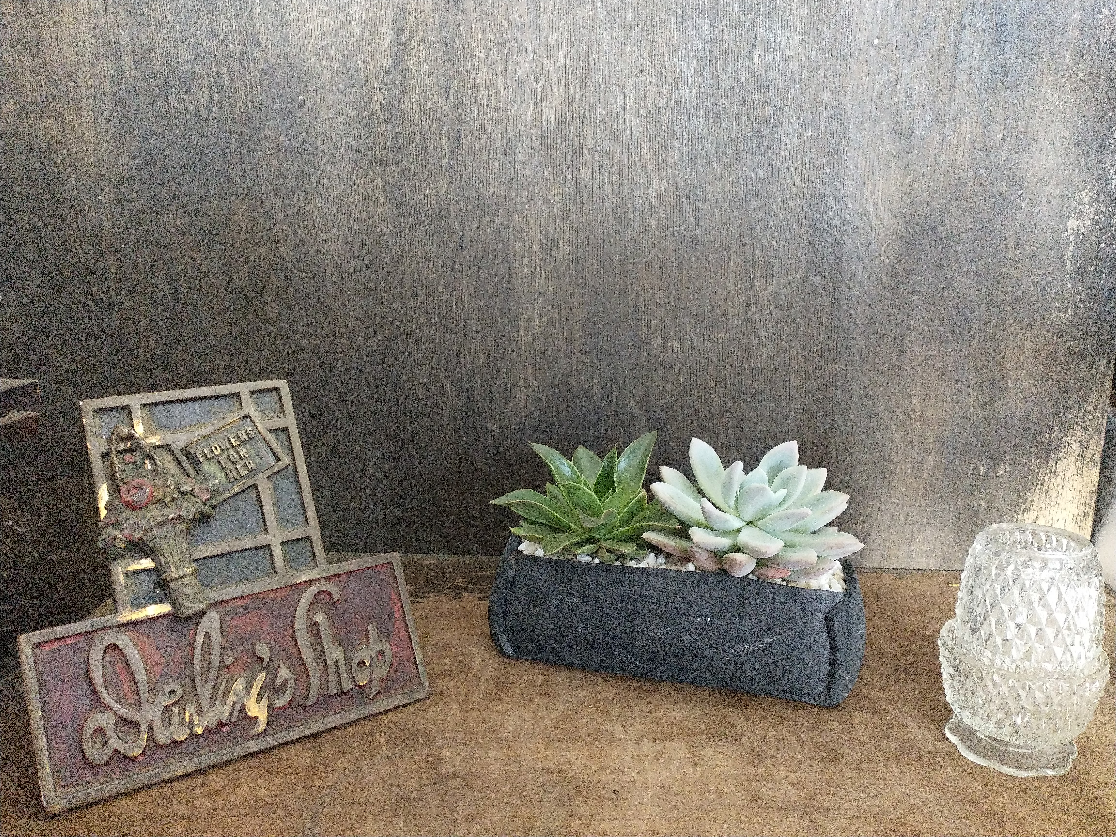 Two small succulents in a rectangular fabric planter beside a glass candle holder