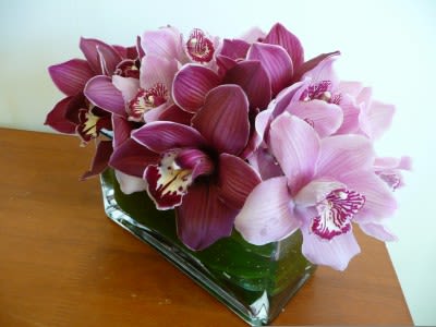Low arrangement of pink and burgundy orchids in a clear glass vase