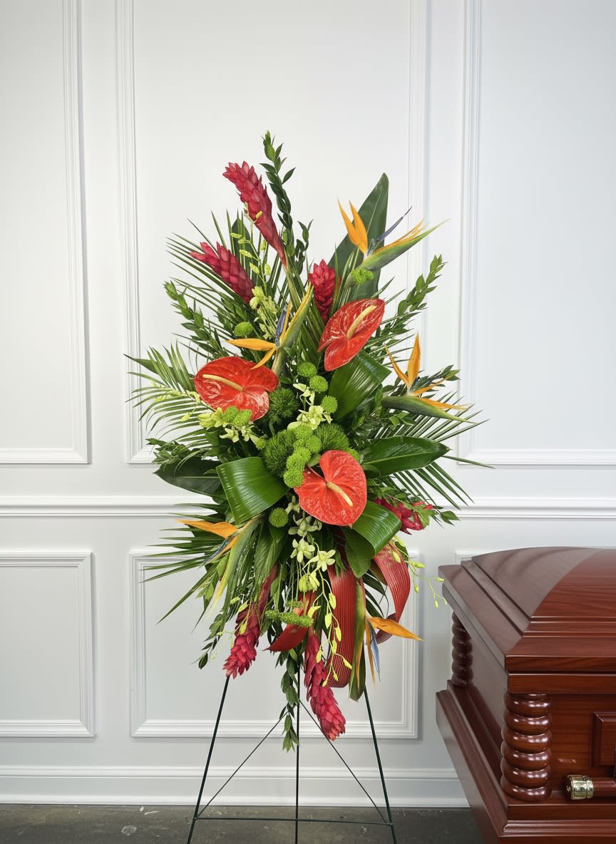 Aloha ʻOe - Inspired by the spirit of the islands, this striking tribute features exotic anthurium, tropical ginger, and bold birds of paradise, creating a graceful arrangement that reflects a life full of color, strength, and joy. Displayed on an easel, this one-of-a-kind sympathy tribute serves as a beautiful focal point for funeral services, celebrations of life, or memorial gatherings.  Please Note:  * This standing spray will require a minimum of 48 hour advanced notice to order in the fresh tropical flowers  * Standard delivery for this product occurs in the afternoon, between 2:30pm and 7pm. If you need it by a certain time, there is an option to select a timed window for scheduled deliveries.  * Please let us know in the "Special Instructions" section what time the viewing or funeral services start to ensure a timely delivery.