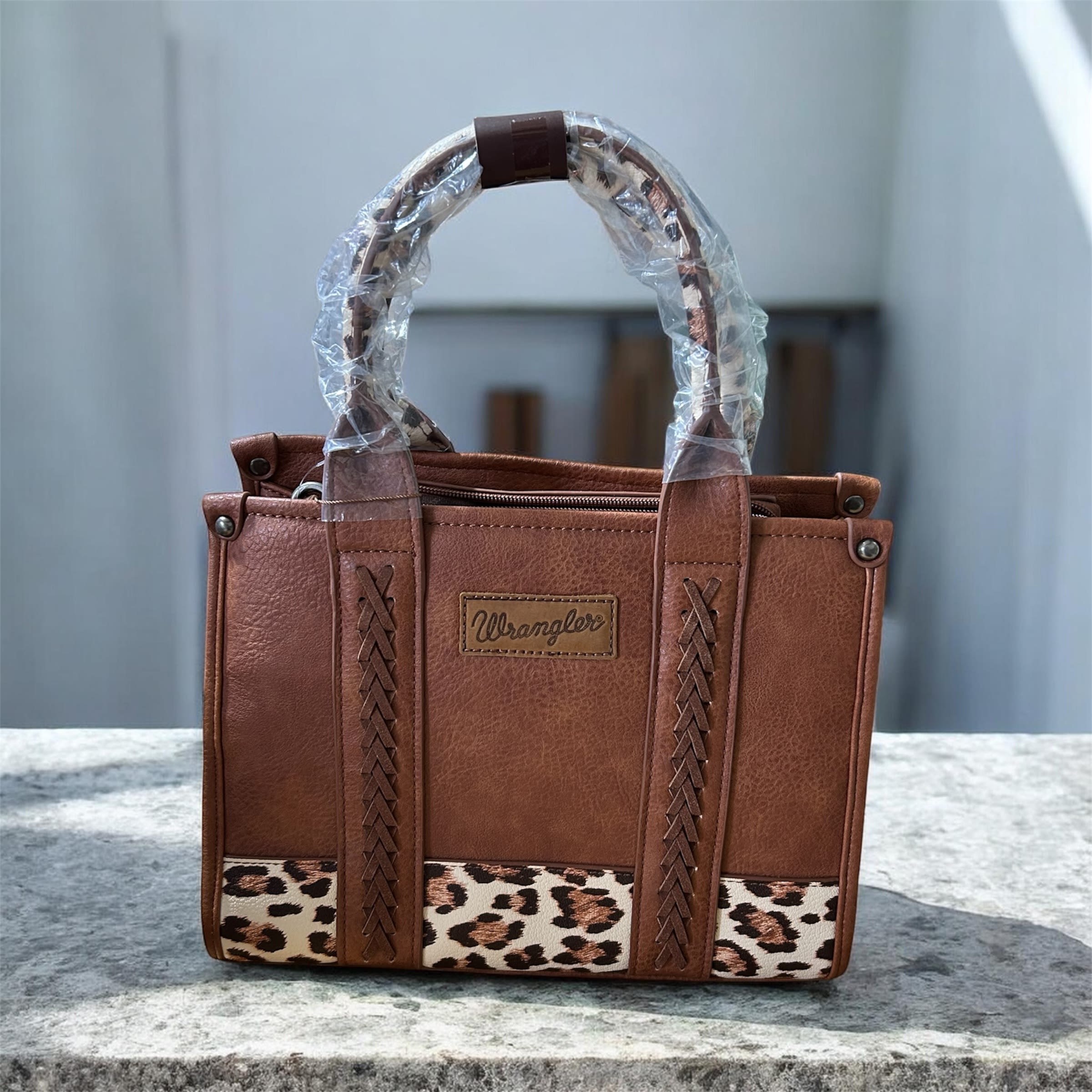 Brown Wrangler tote bag with leopard print trim