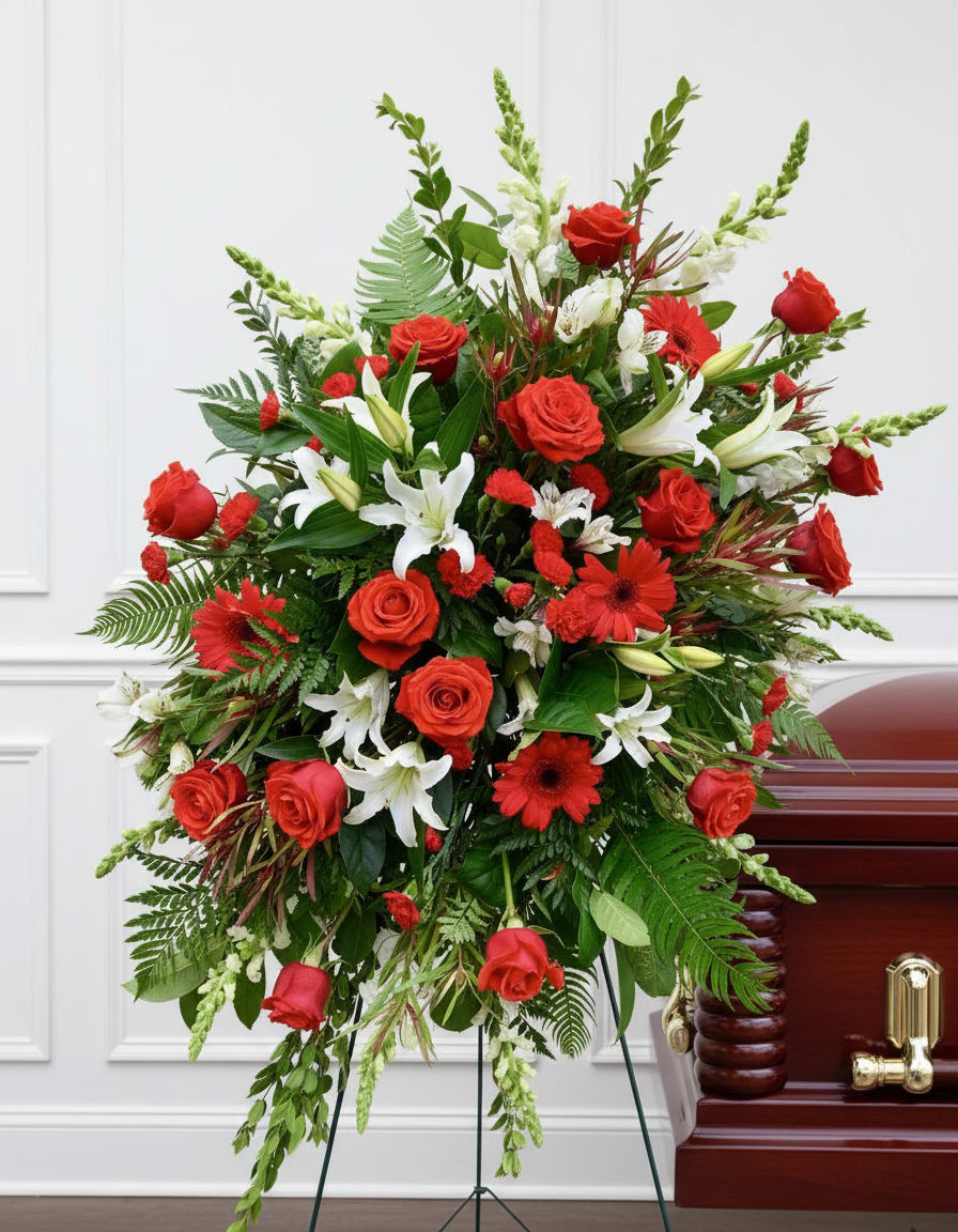 With Loving Thoughts - Honor the memory of someone special with With Loving Thoughts, a graceful standing spray created to express love, admiration, and heartfelt remembrance. This elegant tribute features a striking blend of rich red roses, vibrant red gerbera daisies, pristine white oriental lilies, and delicate white snapdragons, beautifully arranged to create a meaningful display of affection and respect.  Please Note:  * This standing spray requires a 24 hour advanced notice to order.  * Standard Delivery for this product occurs in the afternoon, between 2:30pm and 7pm. If you need it by a certain time, there is an option to select a timed window for scheduled deliveries.  * Please let us know in the "Special Instructions" section what time the viewing or funeral services start to ensure a timely delivery.
