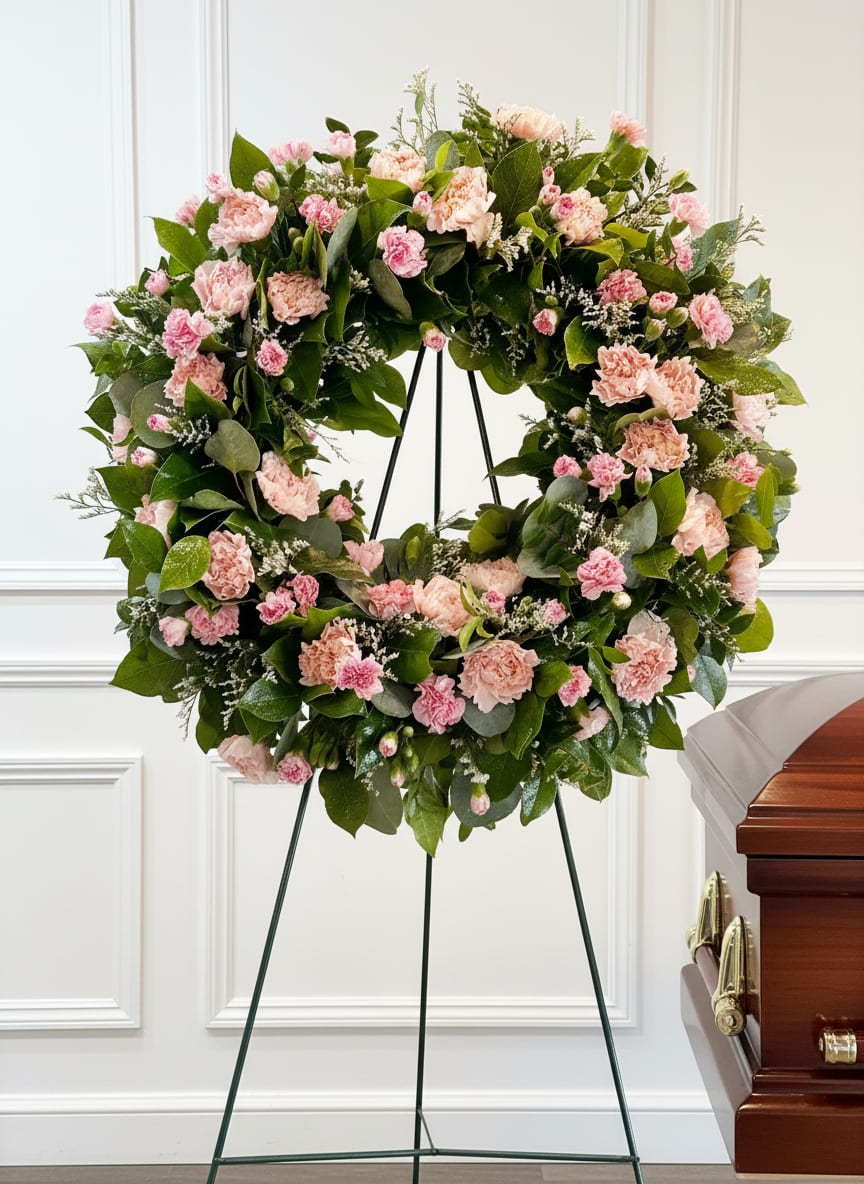 Forever Love - Thoughtfully handcrafted by our florists and displayed on a standing easel, "Forever Love" offers a meaningful expression of sympathy and support during funeral services, memorials, or celebrations of life. Its classic design of all carnations serves as a beautiful reminder of love, hope, and the lasting legacy of a life well lived.  Please Note:  * Flower color choices are: pink, peach, white, orange, red, and yellow. Colors are subject to availability and if unavailable we will call and request a second choice. Please note in the "Special Instructions" section your secondary color preference, if no preference is made, we will default to the shown pink color.  * Standard Delivery for this product occurs in the afternoon, between 2:30pm and 7pm. If you need it by a certain time, there is an option to select a timed window for scheduled deliveries.  * Please let us know in the "Special Instructions" section what time the viewing or funeral services start to ensure a timely delivery.