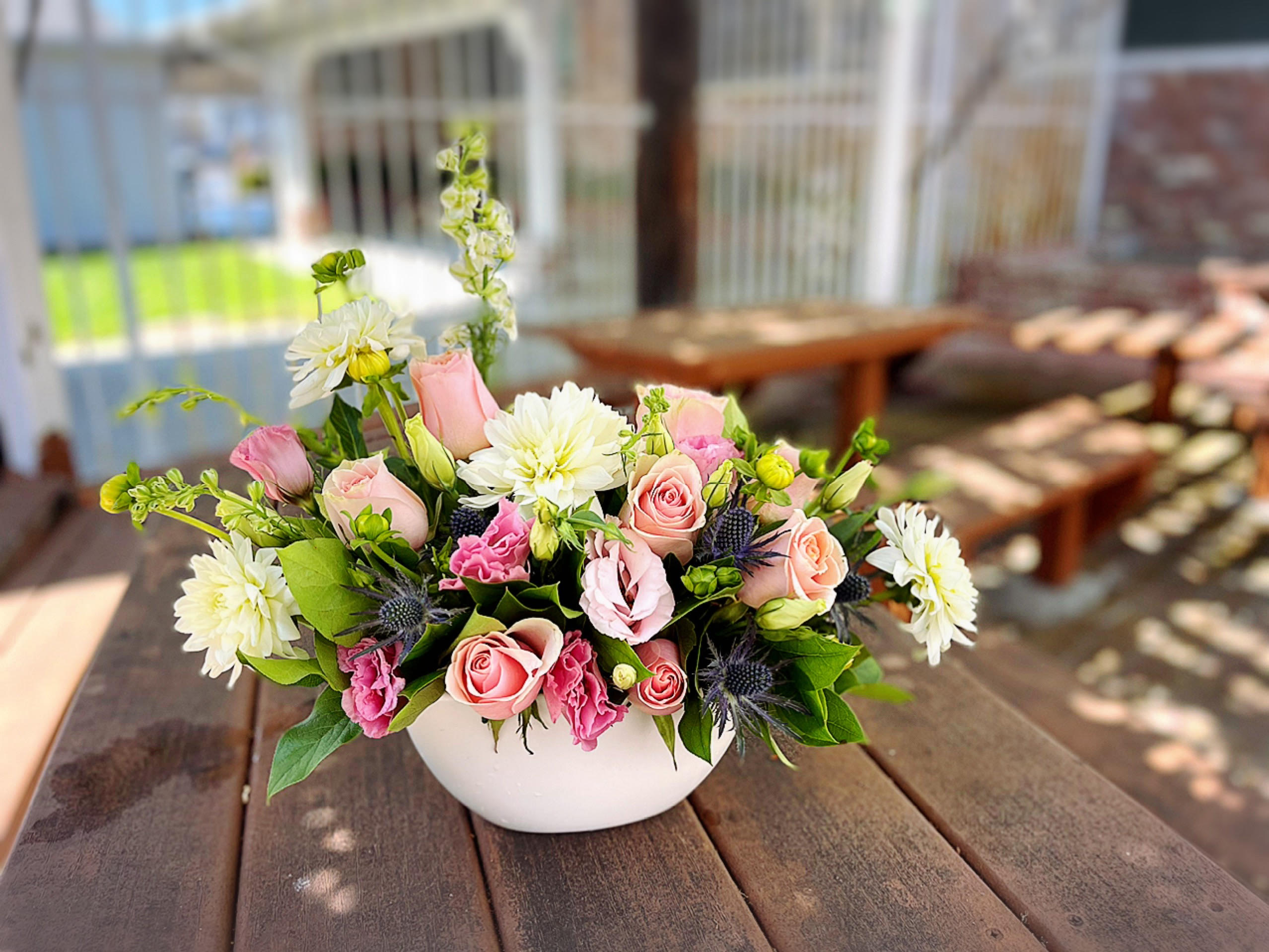 Bliss (Pink and White) - - 8 Pink Roses - 4 White Dahlias - Pink Lisianthus - Fillers - Greens - Ceramic White Vase