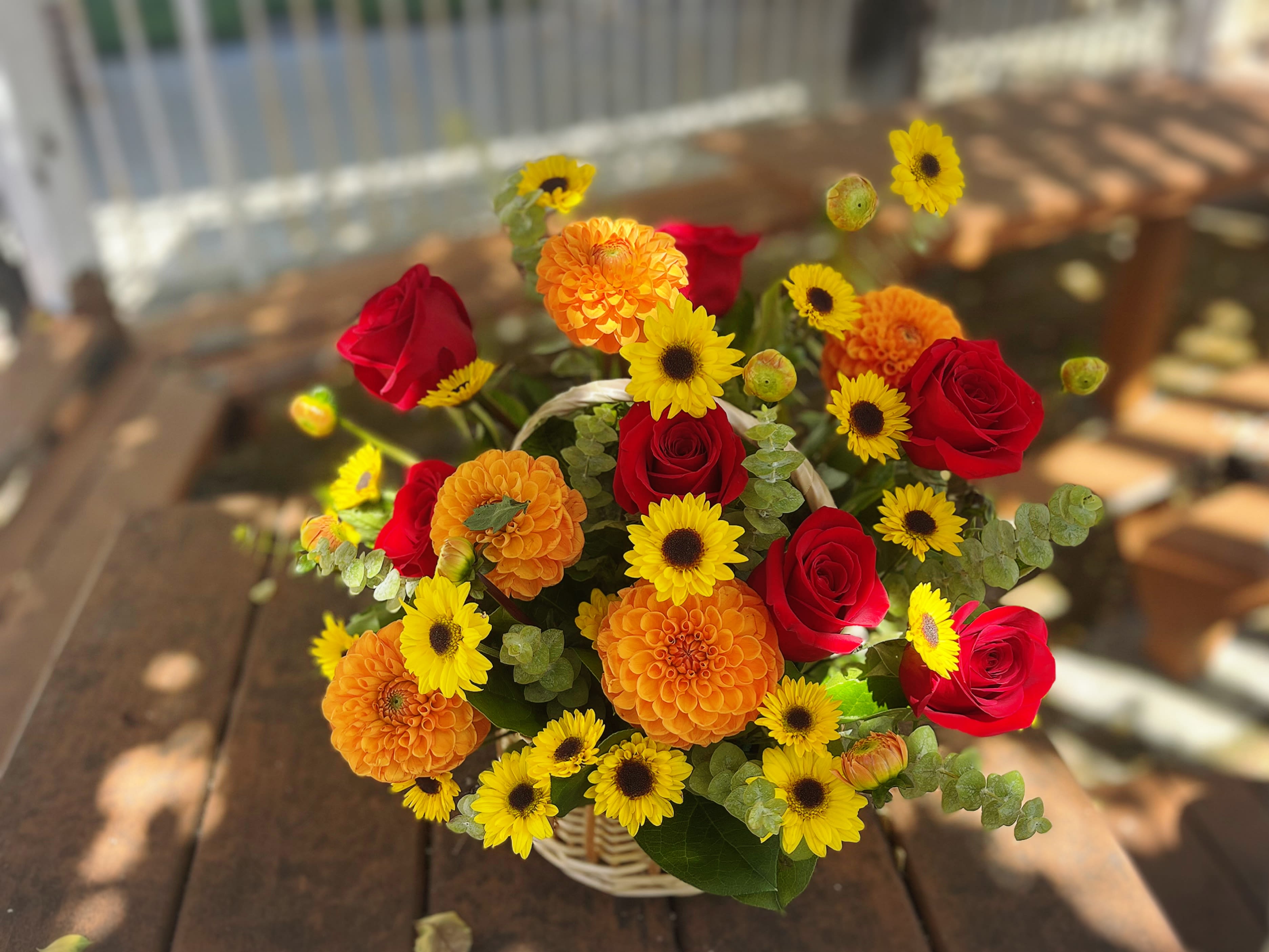 Autumn Basket (Dahlias and Roses) - - 8 Red Roses - 5 Orange Dahlia - Yellow Daisies  - Greens - 8 Inches Basket