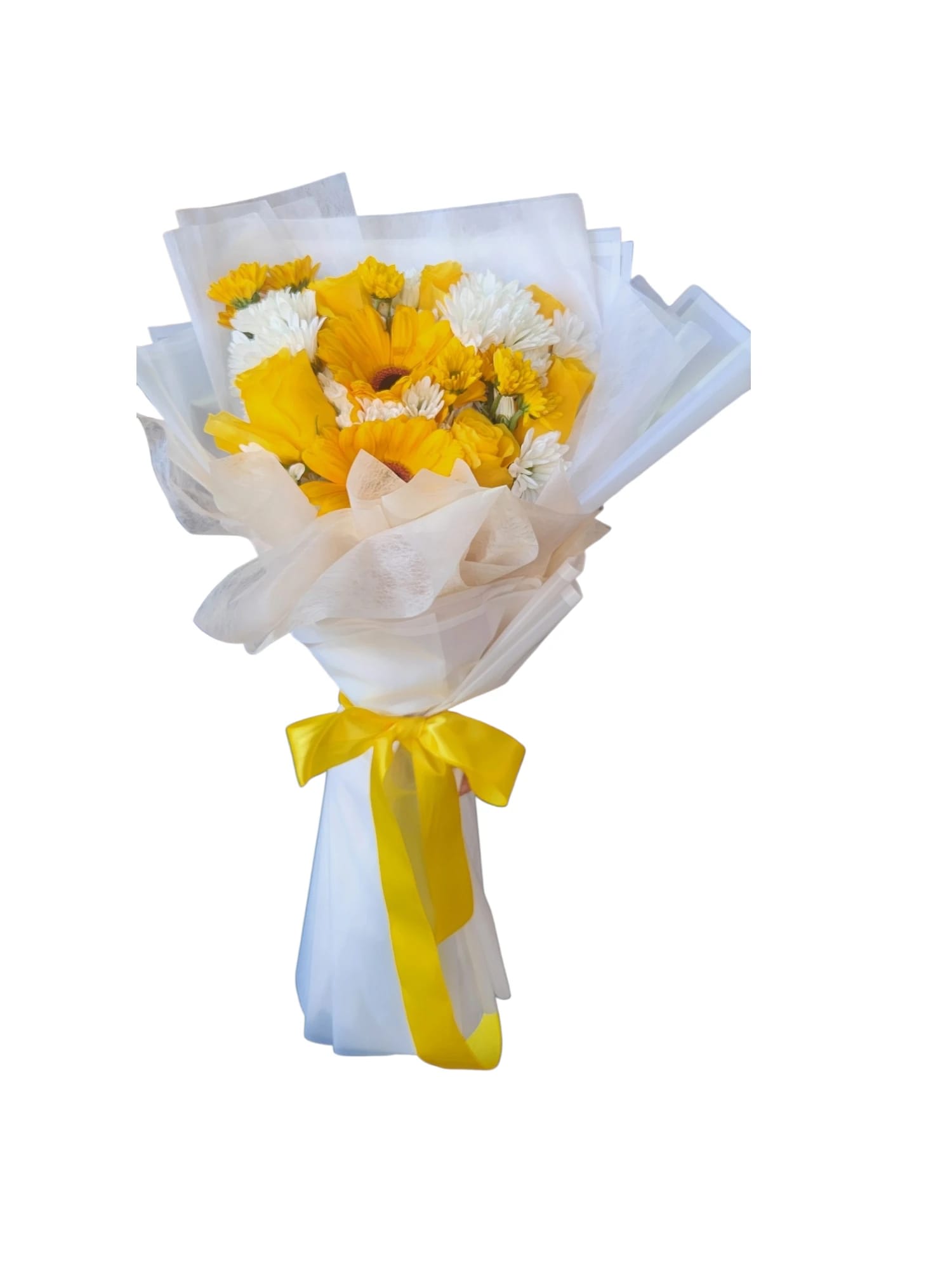 Yellow and white mixed bouquet wrapped in pale paper with a yellow ribbon