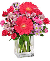 Pink gerbera daisies, roses, and purple daisies in a clear square vase