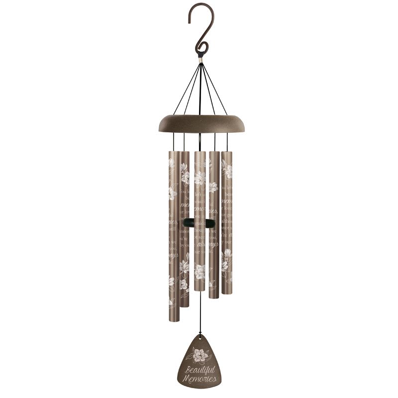 Metal wind chime with engraved text and white floral pattern on vertical tubes
