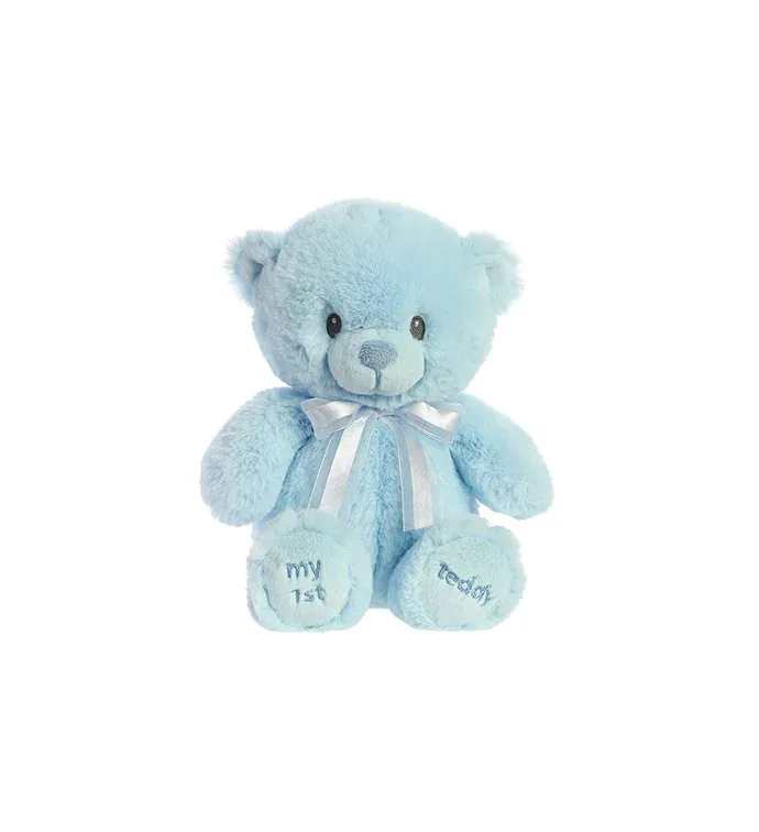 Light blue plush teddy bear with white satin ribbon and embroidered 'my 1st teddy' paws