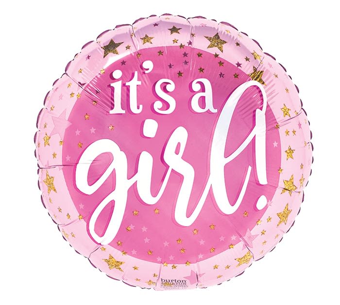 Round pink foil balloon with 'it's a girl!' text and gold star accents