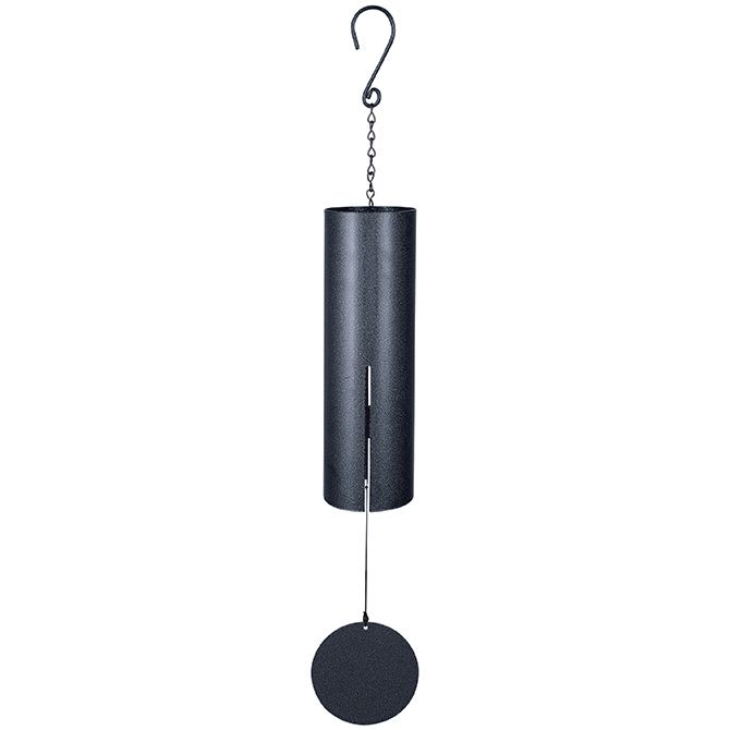 Black tubular metal wind chime with round sail hanging from a chain and hook.