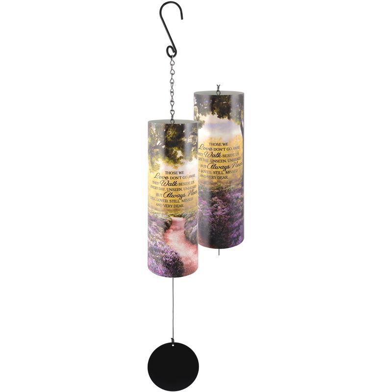Cylinder wind chimes with lavender path scene and memorial quote, hanging from a black hook