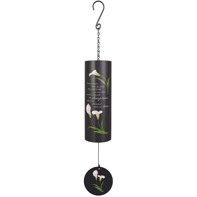 Black cylindrical wind chime with white calla lily artwork and a memorial verse.
