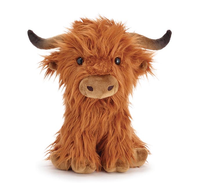 Shaggy orange plush cow with small horns sitting upright