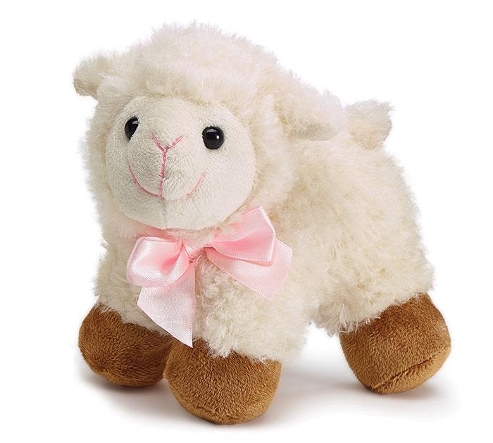 Small plush lamb with a pink satin bow around its neck