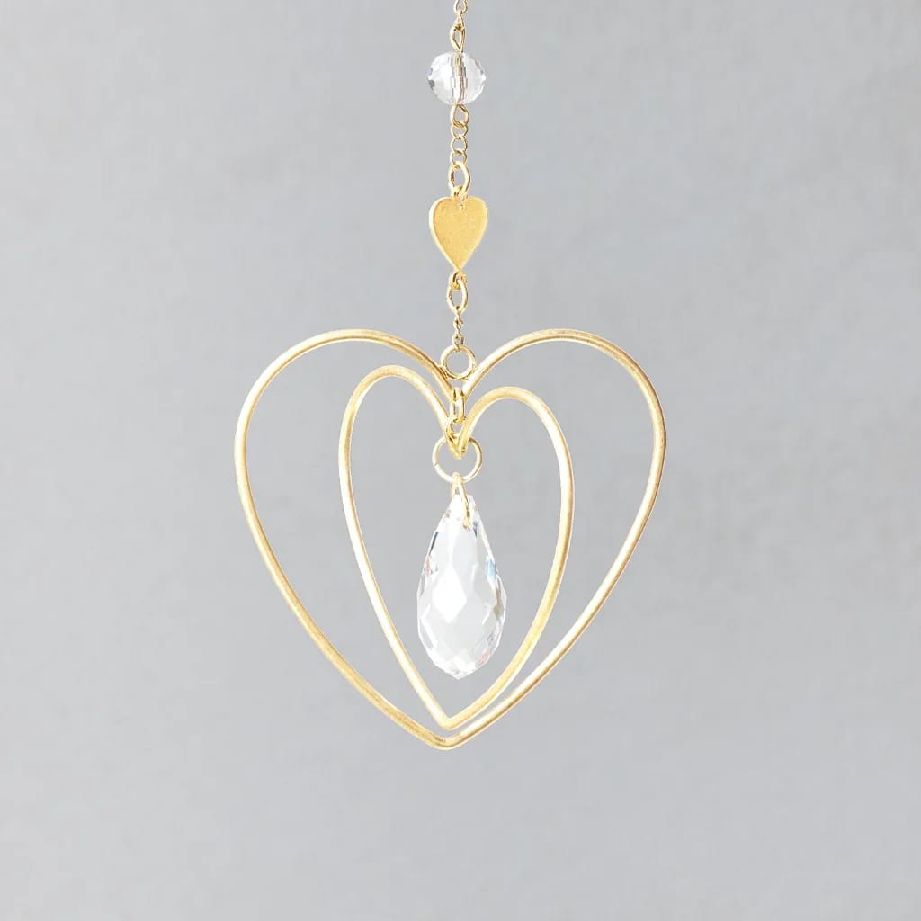 Gold wire double-heart hanging ornament with clear teardrop crystal and bead on a chain