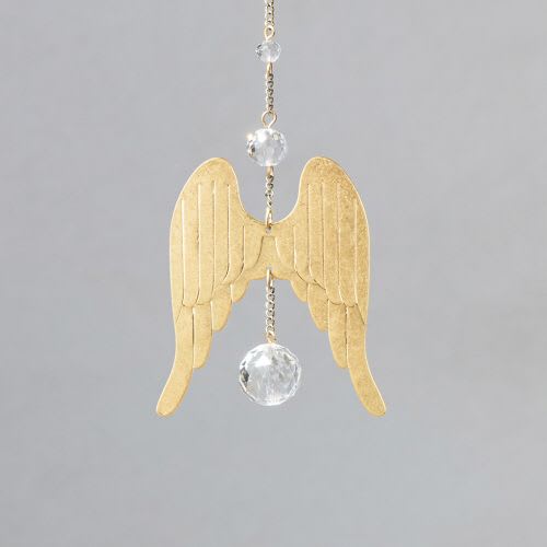 Gold angel wing hanging ornament with clear crystal beads on a chain