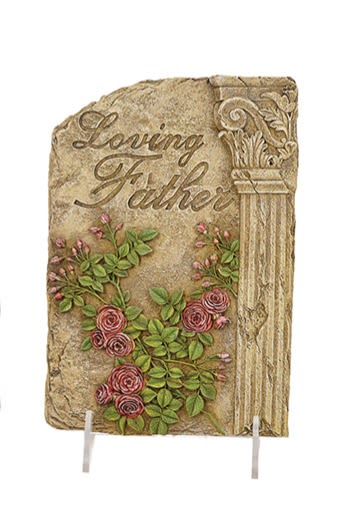 Stone memorial plaque reading Loving Father with carved pink roses and a decorative column