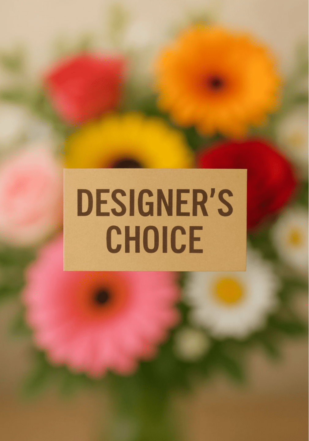 Blurred mixed gerbera daisies with a designer's choice sign