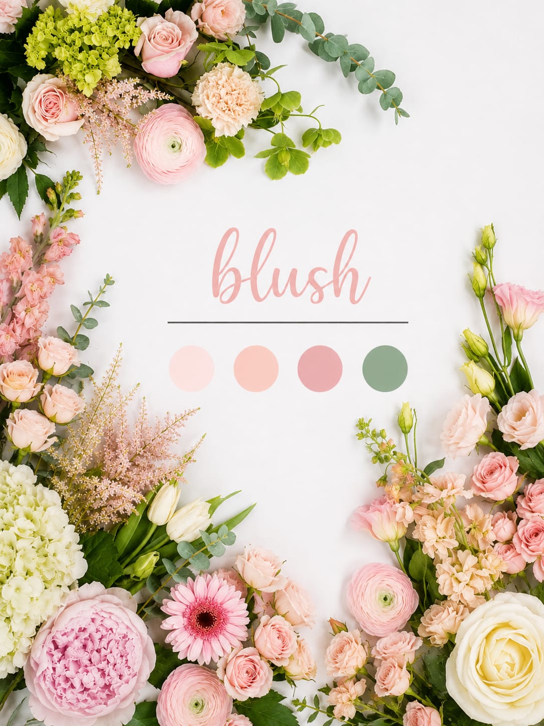 Pastel floral frame around the word blush on a white background