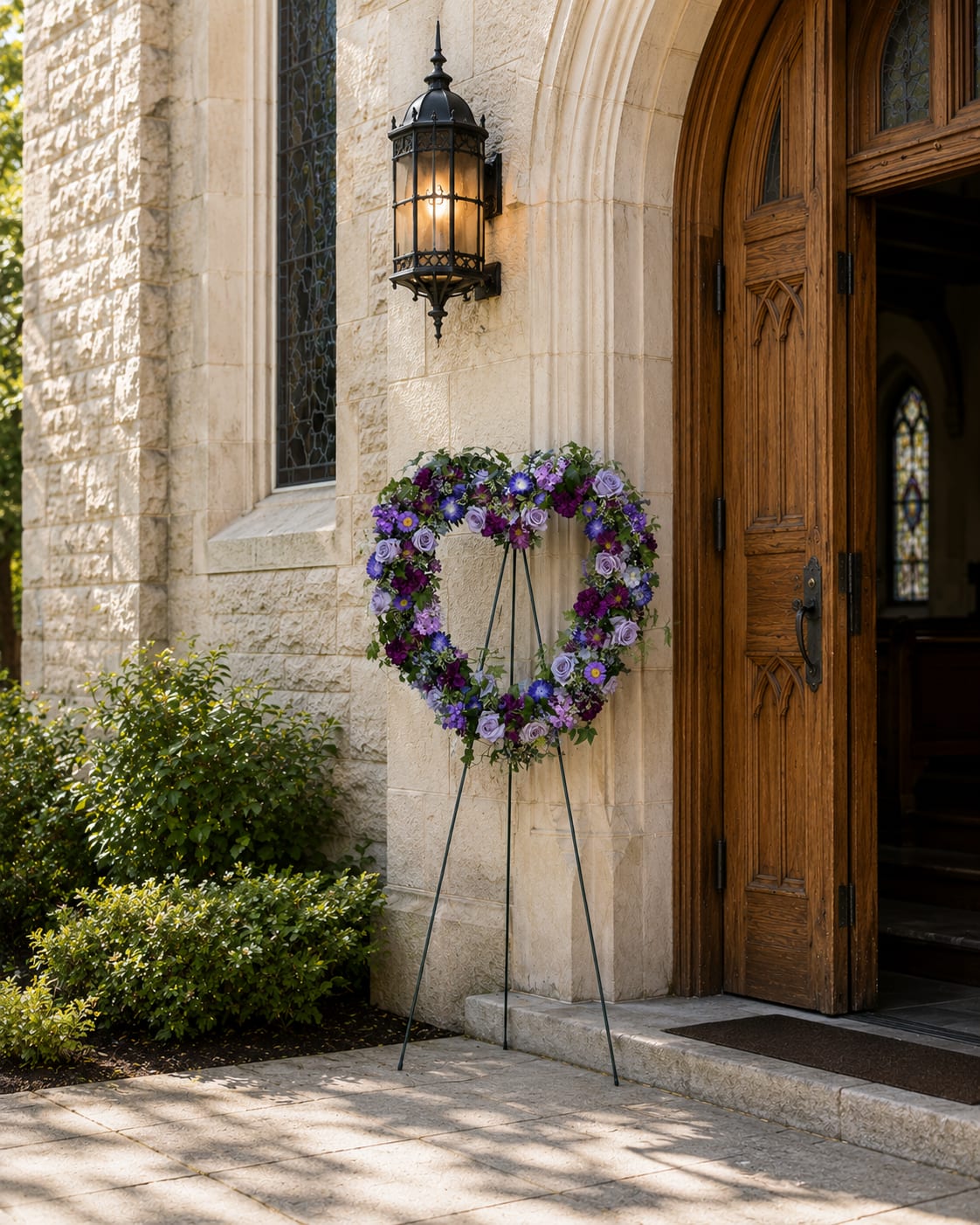 Heart-shaped floral wreath on a stand beside a church doorway