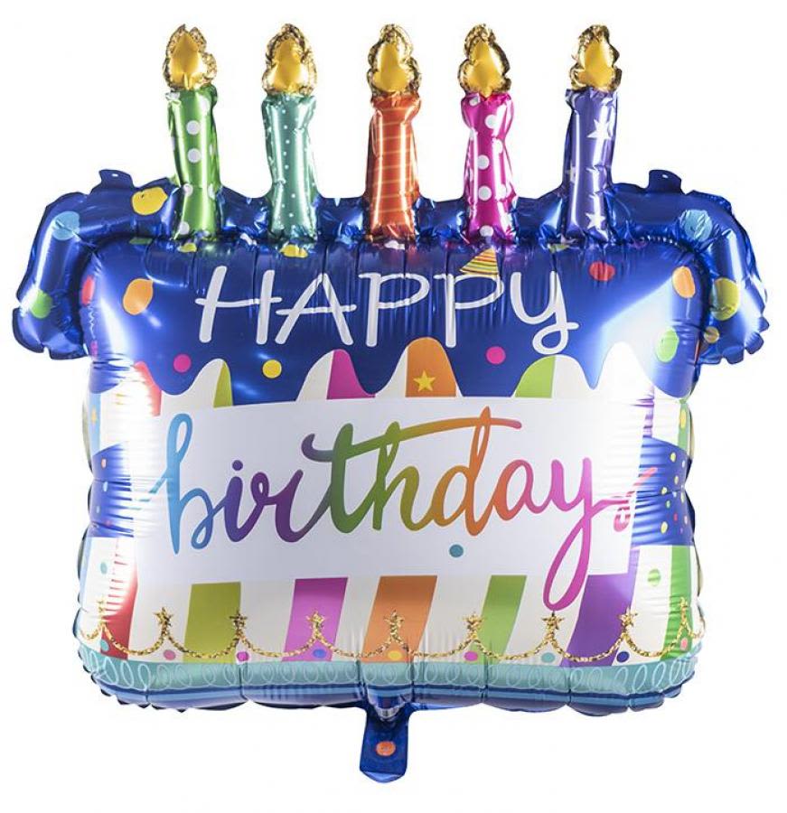 Birthday cake-shaped foil balloon with candles and "Happy birthday" text