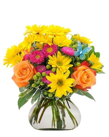 Sunlit - Sunlit greets them with a burst of warmth-bright yellow daisy-like blooms and two vivid orange roses set against cheerful pink accents for a birthday bouquet or just-because surprise that feels sunny and celebratory. The lively color mix makes the recipient feel instantly uplifted and noticed, a joyful way to say congratulations or simply that you're thinking of them.  This arrangement is composed tightly in a clear glass vase, creating a rounded, hand-tied look with dense yellow blooms, vivid pink filler flowers, and two standout orange roses. Small blue butterfly decorations add a playful, whimsical touch that catches the eye and enhances the celebratory mood. The mix of warm yellow and orange with cooler pink tones delivers strong visual contrast and textural interest.  Perfect for birthdays, congratulations, or a bright pick-me-up for a friend or loved one, Sunlit reads like sunshine in a vase and will make the person you're sending it to feel genuinely celebrated. Vase-ready on arrival-trim stems and change the water every few days to keep blooms fresh longer.