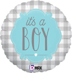 Round balloon with gray plaid pattern and "it's a BOY" text