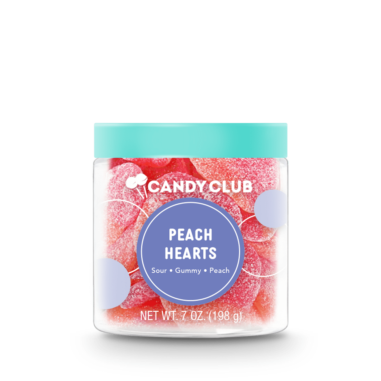 Candy Club Peach Hearts - Select these soft and chewy candied hearts with a tart peach bite.  Please refer to the photos regarding allergies and ingredients.