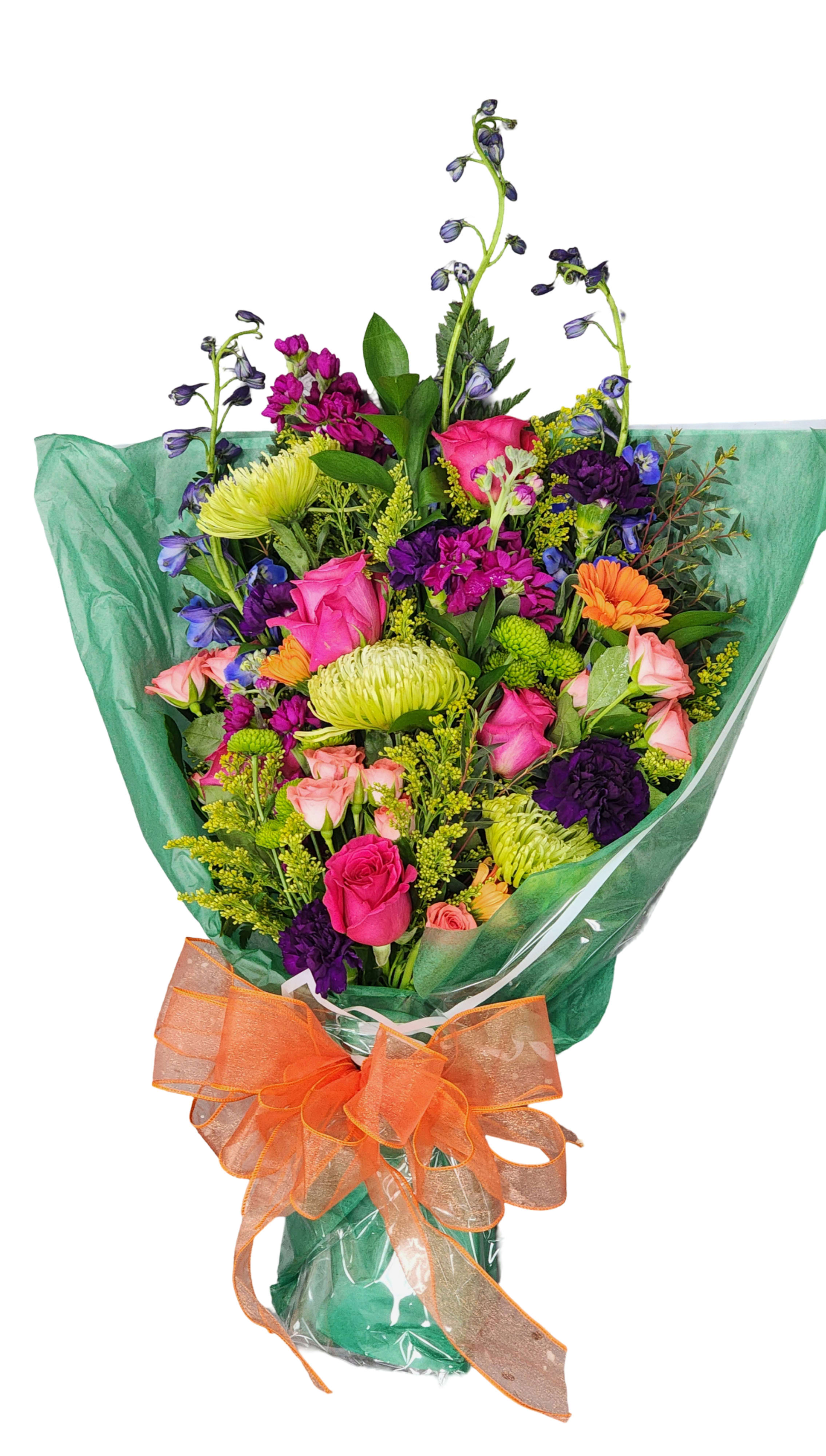 Colorful mixed bouquet wrapped in green paper with an orange bow