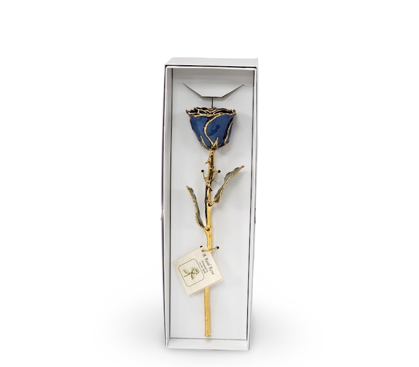 Preserved Navy Blue 24KT Gold Rose - A real rose preserved to last and then trimmed with real 24kt gold and presented in a gift box.