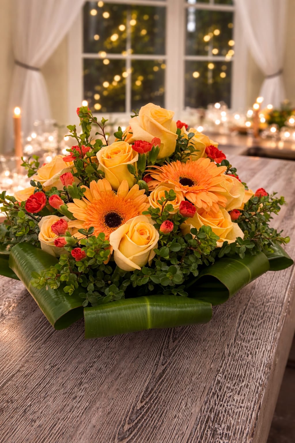 Peach Kiss - A warm and cheerful floral arrangement featuring golden yellow roses, vibrant orange gerbera daisies, and fresh greenery, beautifully designed in a modern leaf-lined base. Perfect for birthdays, thank-you gifts, get-well wishes, or everyday joy. Hand-designed with fresh flowers and available for same-day flower delivery in Carlsbad, CA and surrounding areas.
