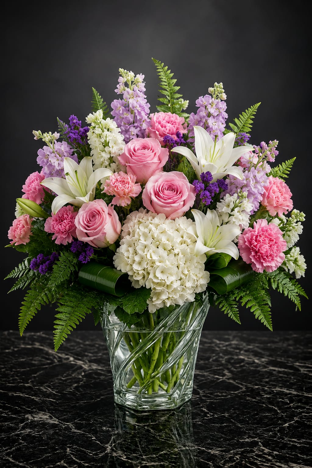 Pink roses, white lilies, and purple flowers in a clear glass vase