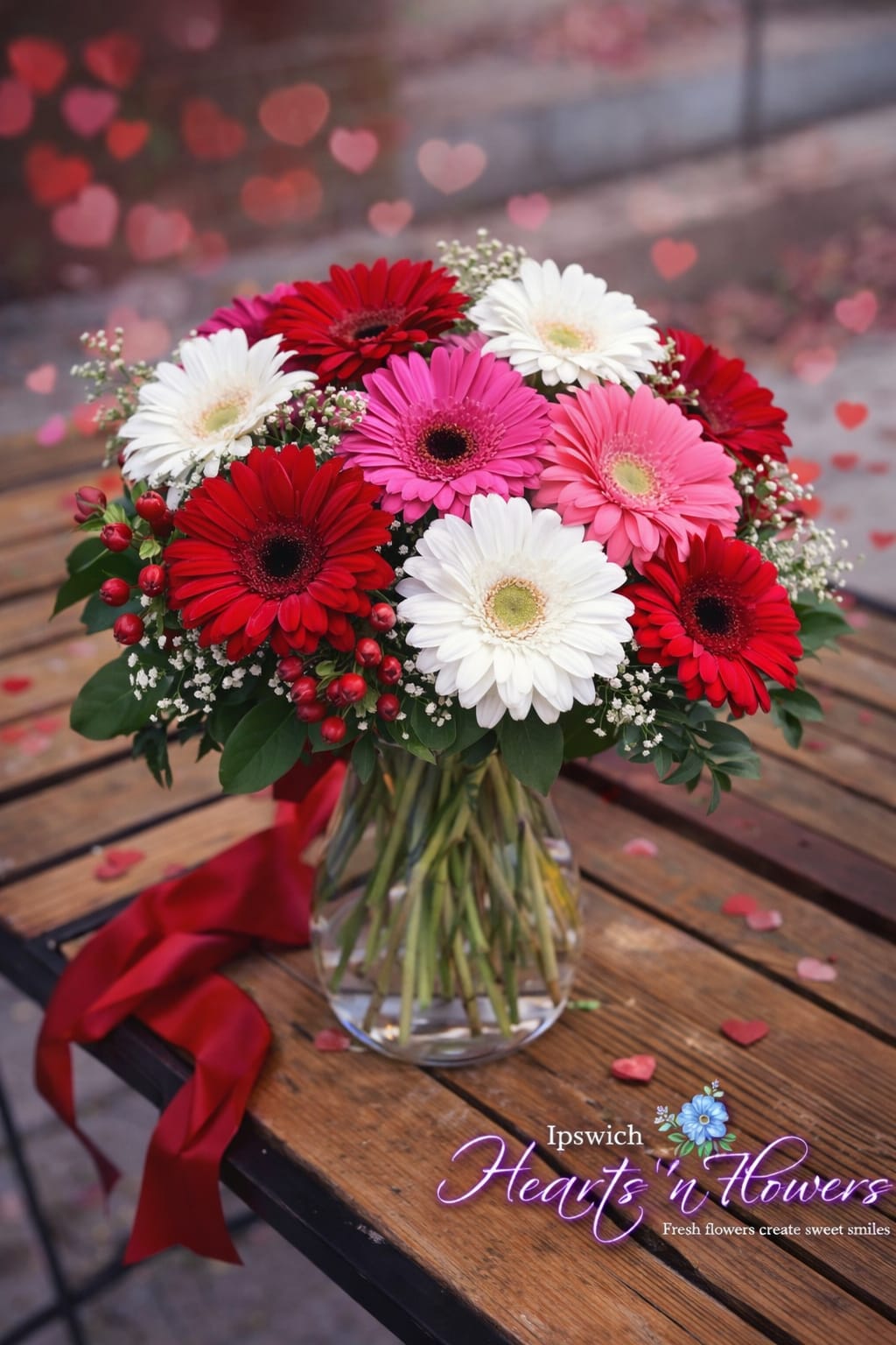 Bouquet of red, pink, and white gerbera daisies in a glass vase