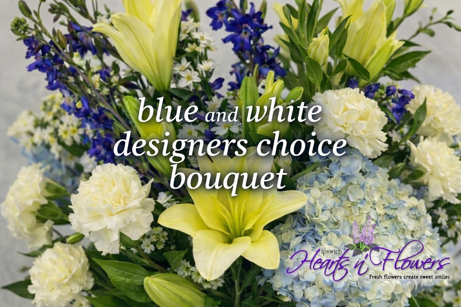 Blue and white bouquet with lilies, hydrangeas, carnations, and small daisies
