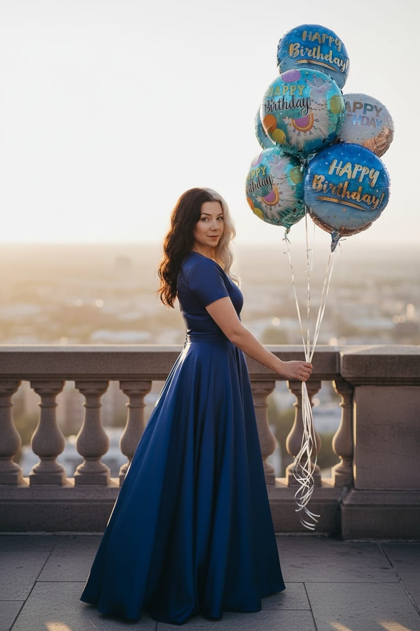 Woman in a blue dress holding a cluster of birthday balloons
