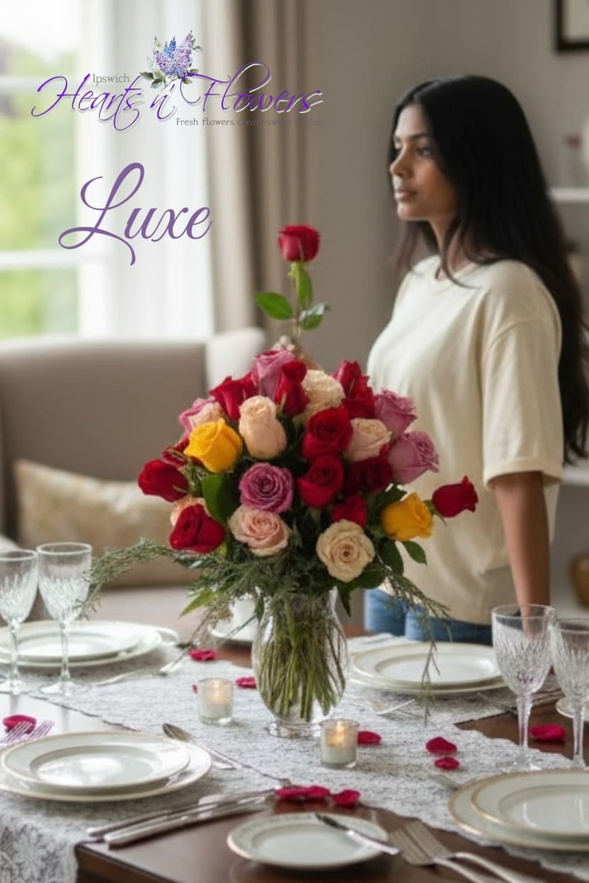 Mixed rose bouquet in a clear glass vase on a set dining table