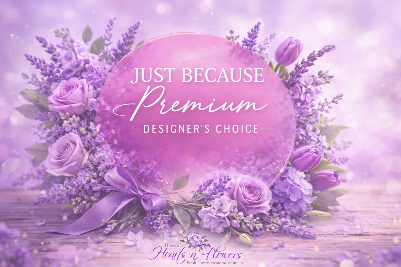 Purple floral wreath with roses and tulips around a pink circle