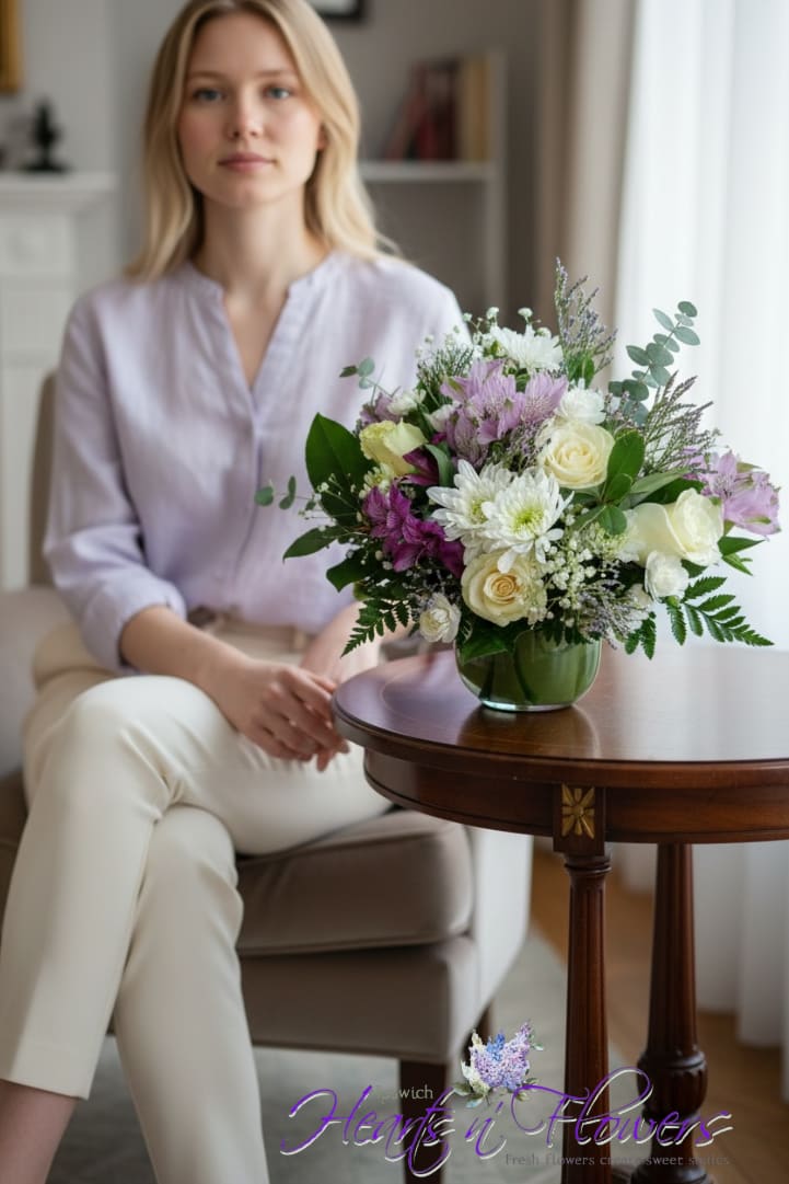 Bouquet of white and lavender flowers in a green glass vase