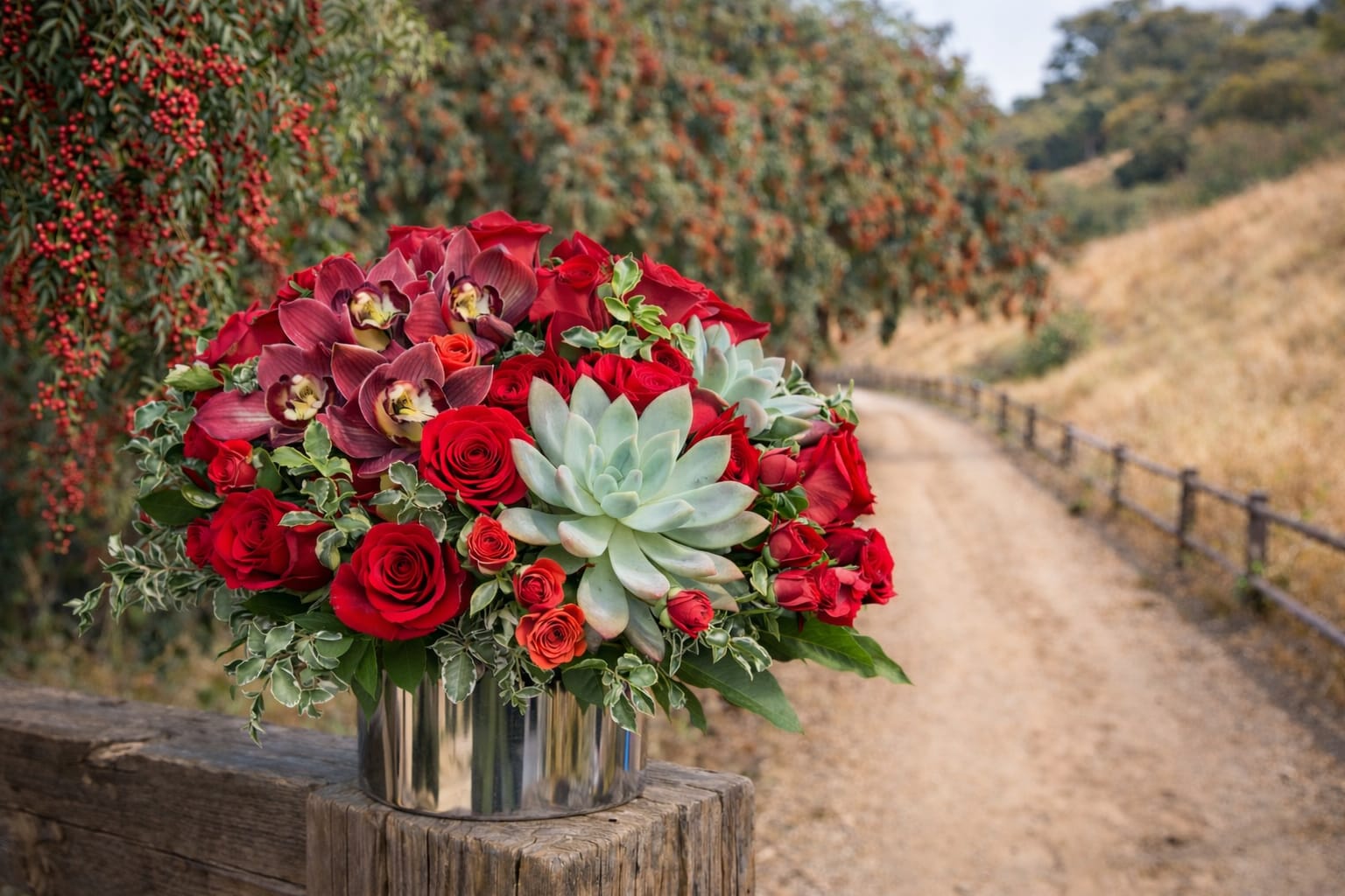 Red roses and orchids arranged with succulents in a silver vase