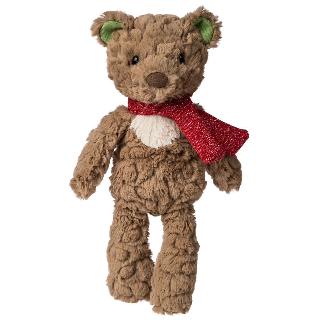 Brown teddy bear with a red scarf on a white background