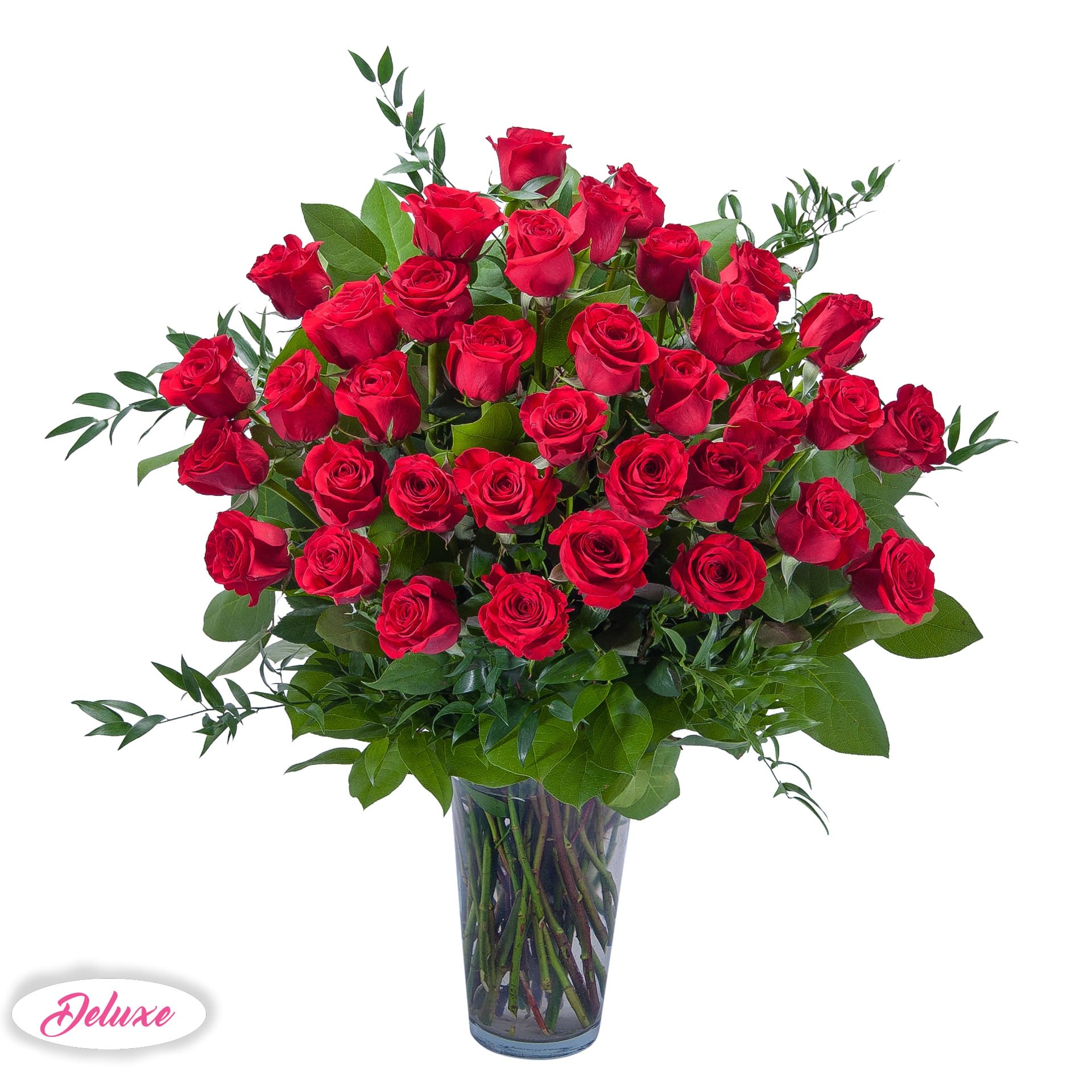 Bouquet of red roses in a clear glass vase
