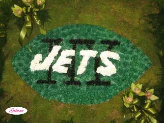 Green floral football with white "JETS" lettering