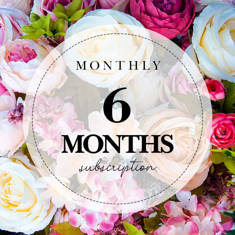 Floral subscription graphic with pink and white roses and peonies