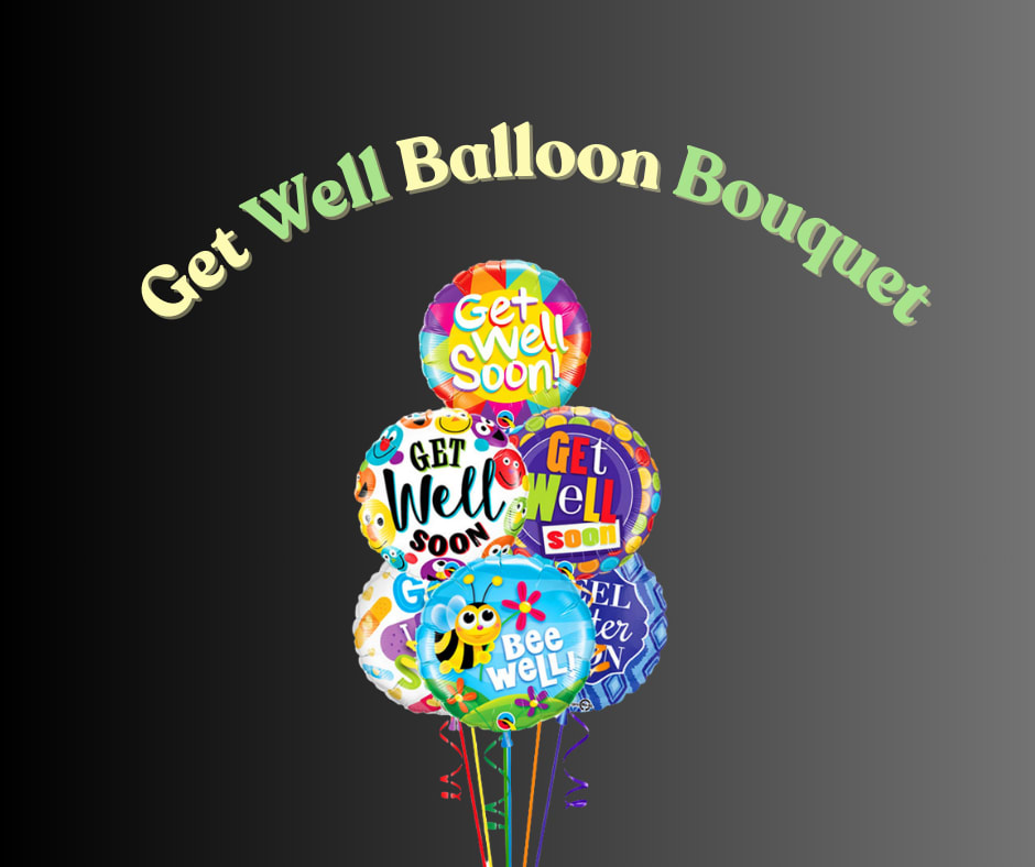 Cluster of colorful get-well balloons with ribbon tails